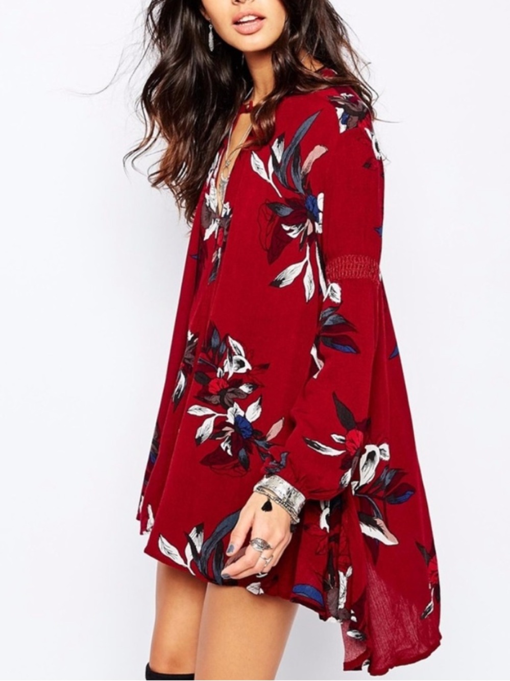 Free People Electric Orchid Tree Swing Tunic Shirt Dress Size Large Red Floral